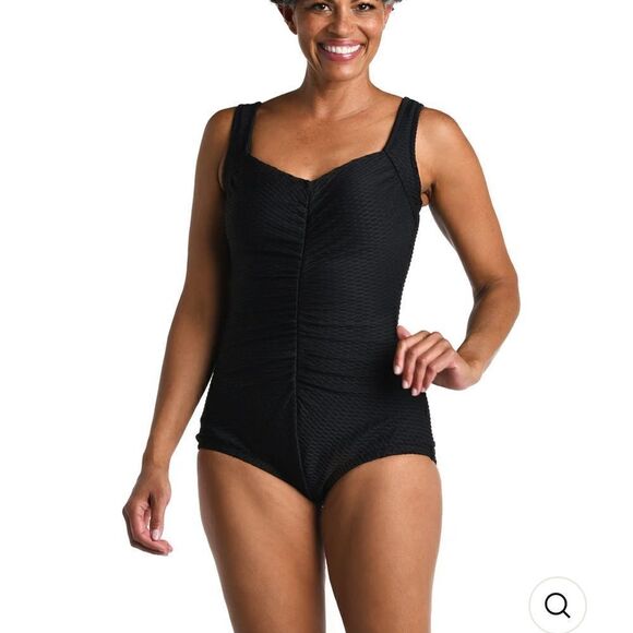 Maxine of Hollywood Textured Spa Shirred Front Girl Leg One Piece Black Swimsuit - Picture 1 of 10